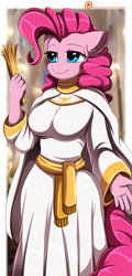 Size: 1900x3950 | Tagged: safe, artist:pridark, imported from derpibooru, pinkie pie, anthro, earth pony, ziragshabdarverse, breasts, busty pinkie pie, clothes, commission, faravahar, female, high res, priest, smiling, solo, zoroastrianism