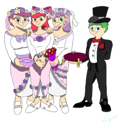 Size: 872x916 | Tagged: safe, artist:holdenwolfart, imported from derpibooru, apple bloom, scootaloo, spike, sweetie belle, human, bridesmaid dress, clothes, cutie mark crusaders, dress, female, hat, humanized, looking at you, male, shipping, simple background, smiling, smiling at you, standing, straight, transparent background