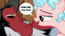 Size: 1280x720 | Tagged: safe, edit, edited screencap, imported from derpibooru, screencap, cozy glow, lord tirek, centaur, pegasus, pony, taur, frenemies (episode), age difference, bedroom eyes, cozirek, female, flirting, interspecies, kiss me you fool, male, shipping, speech bubble, straight, sweat, that is one troubled filly