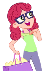 Size: 1034x1668 | Tagged: safe, edit, edited screencap, imported from derpibooru, screencap, alizarin bubblegum, equestria girls, equestria girls series, holidays unwrapped, spoiler:eqg series (season 2), background removed, dashing through the mall, glasses, open mouth, open smile, simple background, smiling, solo, transparent background