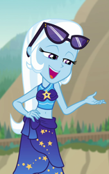 Size: 680x1080 | Tagged: safe, edit, edited screencap, imported from derpibooru, screencap, trixie, equestria girls, equestria girls series, forgotten friendship, belly button, bikini, clothes, cropped, hand on hip, midriff, sarong, solo, sunglasses, swimsuit, trixie's swimsuit