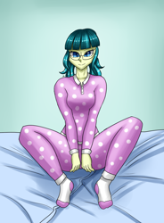 Size: 1400x1900 | Tagged: safe, artist:zachc, imported from derpibooru, juniper montage, equestria girls, bed, clothes, female, glasses, looking at you, pajamas, socks, solo, stocking feet