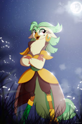 Size: 1778x2697 | Tagged: safe, artist:zidanemina, edit, imported from derpibooru, captain celaeno, anthro, bird, parrot pirates, amputee, beauty mark, ear piercing, earring, female, hatless, jewelry, mare in the moon, missing accessory, moon, ornithian, piercing, pirate, prosthetic limb, prosthetics, solo, younger