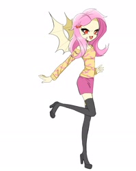 Size: 2480x3110 | Tagged: dead source, safe, artist:kurumilaa, imported from derpibooru, fluttershy, equestria girls, bare shoulders, bat ponified, bat wings, clothes, female, flutterbat, high res, race swap, simple background, socks, solo, thigh highs, white background, wings