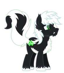 Size: 2800x3200 | Tagged: safe, artist:ponkus, imported from derpibooru, oc, oc:reeko, pony, skunk, skunk pony, chest fluff, cute, digital art, ear fluff, fangs, fluffy, fluffy tail, green eyes, male, markings, messy mane, show accurate, simple background, solo, stallion, tail, transparent background, unshorn fetlocks