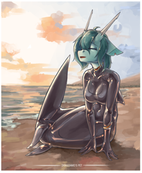 Size: 4661x5696 | Tagged: safe, artist:龙宠, imported from derpibooru, oc, oc only, oc:shanher, anthro, dragon, mermaid, absurd resolution, beach, breasts, coast, dragoness, evening, eyes closed, female, latex, latex suit, solo