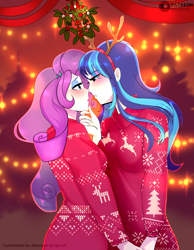 Size: 3030x3900 | Tagged: safe, artist:xjenn9, imported from derpibooru, rarity, shining armor, equestria girls, blushing, christmas, commission, commissioner:alkonium, equestria guys, female, gleaming shield, half r63 shipping, holiday, infidelity, infidelity armor, lesbian, mistletoe, rariarmor, rarigleam, rule 63, shipping, ych example, your character here