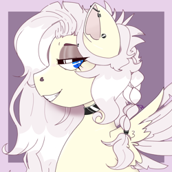 Size: 1500x1500 | Tagged: safe, artist:dsstoner, imported from derpibooru, oc, oc only, oc:hrukii, pegasus, pony, braid, choker, colored pupils, ear piercing, eye clipping through hair, eyebrow piercing, eyebrows, eyebrows visible through hair, eyelashes, eyeshadow, female, grin, industrial piercing, lidded eyes, looking at you, makeup, mare, pegasus oc, piercing, smiling, smiling at you, solo, wings