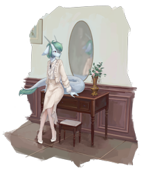 Size: 5349x6441 | Tagged: safe, artist:龙宠, imported from derpibooru, oc, oc only, oc:shanher, anthro, dragon, absurd resolution, clothes, dragoness, female, glasses, mirror, simple background, skirt, solo, transparent background