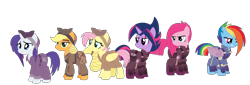 Size: 1756x594 | Tagged: safe, artist:sunmint234, imported from derpibooru, applejack, fluttershy, pinkie pie, rainbow dash, rarity, twilight sparkle, earth pony, pegasus, pony, unicorn, the cutie re-mark, wonderbolts academy, alternate hairstyle, alternate timeline, apinkalypse pie, apocalypse, apocalypse dash, apocalypse fluttershy, applecalypsejack, crystal war timeline, hair, horn, mane six, outfit, pinkamena diane pie, rarity the riveter, simple background, timeline, torn ear, transparent background, war, wings