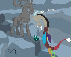 Size: 2500x2000 | Tagged: safe, artist:creepycutiemark, imported from derpibooru, discord, grogar, draconequus, sheep, comic:discord's father, bell, cave, comic, grogar's bell, male, ram, show accurate, signature