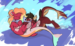 Size: 1249x766 | Tagged: source needed, safe, artist:testostepone, imported from derpibooru, oc, oc:katsa selachi, oc:yoae selachi, fish, original species, shark, shark pony, eating, female, siblings, sisters, tail