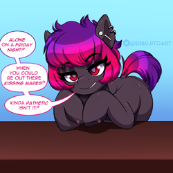 Size: 3500x3500 | Tagged: safe, artist:dibujito, imported from derpibooru, oc, oc only, oc:dib, earth pony, pony, dialogue, ear piercing, female, hoof polish, looking at you, mare, on table, piercing, smiling, smirk, smug, solo, speech bubble, talking to viewer