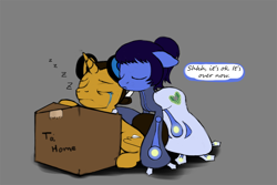 Size: 900x600 | Tagged: safe, artist:esuka, imported from derpibooru, oc, oc only, pony, unicorn, box, comforting, crying, male, onomatopoeia, sleeping, sound effects, stallion, zzz