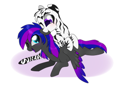 Size: 2592x1944 | Tagged: safe, artist:kaikururu, imported from derpibooru, oc, oc only, pegasus, pony, zebra, duo, eyelashes, one eye closed, pegasus oc, simple background, transparent background, wings, wink, zebra oc