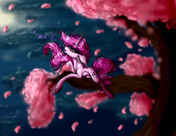 Size: 4500x3500 | Tagged: safe, artist:beamybutt, imported from derpibooru, oc, oc only, pony, unicorn, cherry blossoms, cherry tree, cloud, ear fluff, eyelashes, female, flower, flower blossom, horn, mare, outdoors, solo, tree, unicorn oc