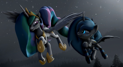 Size: 1262x693 | Tagged: safe, artist:beamybutt, imported from derpibooru, oc, oc:moonbeam, alicorn, pony, 3d, alicorn oc, duo, ear fluff, eyelashes, flying, hoof shoes, horn, night, outdoors, smiling, source filmmaker, stars, wings