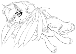 Size: 3496x2524 | Tagged: safe, artist:beamybutt, imported from derpibooru, oc, oc only, alicorn, pony, alicorn oc, ear fluff, high res, horn, lineart, male, monochrome, open mouth, open smile, simple background, smiling, solo, stallion, white background, wings