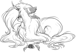 Size: 2465x1723 | Tagged: safe, artist:beamybutt, imported from derpibooru, oc, oc only, pony, unicorn, ear fluff, hair over eyes, horn, lineart, monochrome, solo, unicorn oc