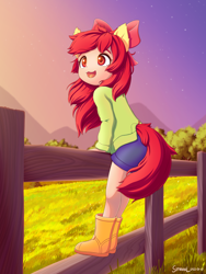 Size: 1800x2400 | Tagged: safe, artist:symbianl, imported from derpibooru, apple bloom, equestria girls, adorabloom, cute, eared humanization, female, fence, happy, human coloration, open mouth, open smile, rubber boots, smiling, solo, tail, tailed humanization, weapons-grade cute