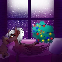 Size: 1500x1500 | Tagged: safe, artist:teonnakatztkgs, imported from derpibooru, oc, oc only, pegasus, pony, christmas, christmas tree, colored wings, holiday, indoors, night, pegasus oc, plushie, stars, teddy bear, tree, two toned wings, wings