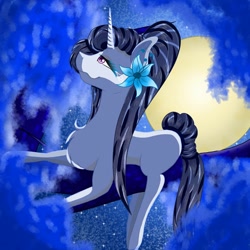 Size: 1500x1500 | Tagged: safe, artist:teonnakatztkgs, imported from derpibooru, oc, oc only, pony, unicorn, chest fluff, flower, flower in hair, full moon, horn, moon, night, smiling, solo, stars, tree, unicorn oc