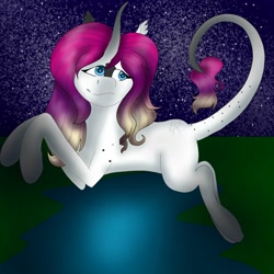 Size: 1500x1500 | Tagged: safe, artist:teonnakatztkgs, imported from derpibooru, oc, oc only, pony, unicorn, earth, horn, night, outdoors, smiling, solo, stars, unicorn oc