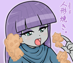 Size: 370x320 | Tagged: safe, artist:batipin, imported from derpibooru, part of a set, limestone pie, marble pie, maud pie, pinkie pie, equestria girls, cropped, eating, female, food, japanese, ningyoyaki, open mouth, pie sisters, siblings, sisters, solo, tongue out