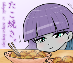 Size: 370x320 | Tagged: safe, alternate version, artist:batipin, imported from derpibooru, part of a set, maud pie, equestria girls, chopsticks, dumplings, female, food, japanese, looking at you, smiling, solo, takoyaki, when she smiles