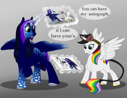 Size: 1024x792 | Tagged: safe, artist:mythpony, imported from derpibooru, oc, oc only, oc:lightning bliss, oc:myth, alicorn, pony, alicorn oc, droste effect, goggles, horn, magic, magic aura, misspelling, recursion, speech, speech bubble, talking, wings