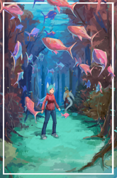 Size: 2562x3875 | Tagged: safe, artist:龙宠, imported from derpibooru, oc, oc only, oc:emily, oc:shanher, anthro, dragon, fish, human, forest, forest background, seabed, shanher's trip, underwater