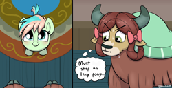 Size: 1200x616 | Tagged: safe, artist:heretichesh, edit, imported from derpibooru, coral currents, yona, earth pony, pony, yak, blushing, cute, duo, duo female, female, filly, foal, looking at you, looking up, looking up at you, offscreen character, pov, smiling, smiling at you, sweat, sweatdrop, this will end in death, thought bubble