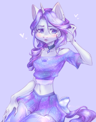 Size: 2112x2700 | Tagged: safe, artist:zefirka, imported from derpibooru, rarity, anthro, unicorn, bare midriff, clothes, looking at you, skirt, solo