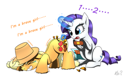 Size: 1997x1239 | Tagged: safe, artist:questionmarkdragon, imported from derpibooru, applejack, rarity, earth pony, pony, unicorn, applejack's hat, bandaid, cowboy hat, crying, duo, eyes closed, face down ass up, glowing, glowing horn, gritted teeth, hat, horn, literal butthurt, magic, ouch, pain, shivering, simple background, splinter, tears of pain, teary eyes, thorn, white background, wood