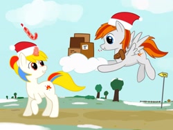 Size: 1600x1200 | Tagged: safe, artist:wzngtx, imported from derpibooru, oc, oc only, oc:felix gulfstream, pegasus, pony, unicorn, boxes, christmas, cloud, dirt road, duo, female, hat, holiday, male, mare, santa hat, stallion