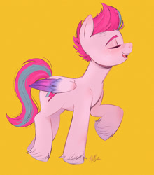 Size: 1584x1800 | Tagged: safe, artist:latiatonta, imported from derpibooru, zipp storm, pegasus, pony, blushing, eyebrows, eyes closed, female, folded wings, g5, mare, my little pony: a new generation, open mouth, open smile, raised hoof, signature, simple background, smiling, solo, unshorn fetlocks, wings, yellow background