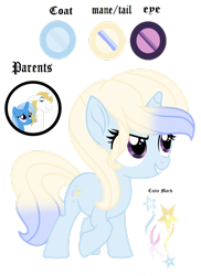 Size: 1280x1755 | Tagged: safe, artist:autumntwinkle, imported from derpibooru, prince blueblood, trixie, oc, unicorn, bluetrix, female, filly, foal, full body, gradient mane, gradient tail, grin, horn, male, offspring, parent:prince blueblood, parent:trixie, parents:bluetrix, purple eyes, raised hoof, shipping, show accurate, smiling, standing, straight, tail, unicorn oc