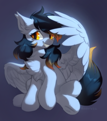 Size: 1244x1406 | Tagged: safe, artist:hioshiru, imported from derpibooru, oc, oc only, oc:crossfire, bat pony, hybrid, pegasus, pony, chest fluff, grin, half bat pony, looking at you, pegabat, smiling, spread wings, wings