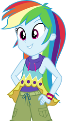 Size: 3000x5527 | Tagged: safe, artist:cloudy glow, imported from derpibooru, rainbow dash, equestria girls, legend of everfree, armpits, boho, clothes, female, grin, hand on hip, hood, shirt, shorts, simple background, sleeveless, sleeveless shirt, smiling, solo, transparent background, vector, wristband