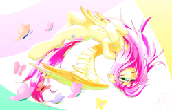 Size: 2500x1600 | Tagged: safe, artist:ktk's sky, imported from derpibooru, fluttershy, butterfly, pegasus, pony, cute, daaaaaaaaaaaw, female, flying, mare, shyabetes, solo, upside down, wings