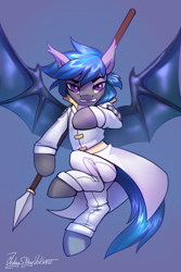 Size: 2000x3000 | Tagged: safe, artist:jedayskayvoker, imported from derpibooru, oc, oc:nocturne star, bat pony, pony, attack, bat pony oc, clothes, flying, gradient background, looking at you, male, slit pupils, solo, spear, stallion, uniform, weapon