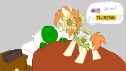 Size: 2320x1306 | Tagged: safe, artist:skookz, imported from derpibooru, oc, oc only, oc:anon, oc:thursday, earth pony, human, pony, bed, cloak, clothes, duo, female, flower, flower in hair, mare, ponified, simple background, speech bubble, sunflower, text, thursday, weekday ponies, wingding eyes