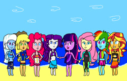 Size: 1280x819 | Tagged: safe, artist:prabowomuhammad23, imported from derpibooru, applejack, fluttershy, pinkie pie, rainbow dash, rarity, sunset shimmer, trixie, twilight sparkle, equestria girls, equestria girls series, forgotten friendship, beach, bikini, clothes, fluttershy's wetsuit, humane five, humane six, looking at you, rarity's blue sarong, rarity's purple bikini, sarong, swimsuit