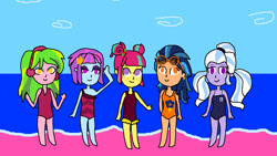 Size: 1280x720 | Tagged: safe, artist:prabowomuhammad23, imported from derpibooru, indigo zap, lemon zest, sour sweet, sugarcoat, sunny flare, equestria girls, beach, clothes, one-piece swimsuit, shadow five, swimsuit