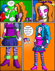 Size: 2153x2786 | Tagged: safe, artist:tf-circus, imported from derpibooru, adagio dazzle, aria blaze, sonata dusk, oc, oc:sasha smiles, human, equestria girls, blue hair, brainwashing, clothes, clown, clown makeup, clown nose, disguise, disguised siren, female, hypno eyes, hypnosis, hypnotized, light skin, pink eyes, red nose, socks, striped socks, transformation