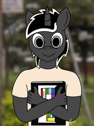 Size: 1367x1823 | Tagged: safe, artist:alexlobo70, imported from derpibooru, oc, anthro, unicorn, blurry background, looking at you, notebook, scholar, solo