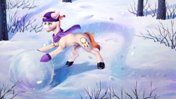 Size: 3960x2228 | Tagged: safe, artist:lunciakkk, imported from derpibooru, oc, oc only, oc:mckeypl, pony, unicorn, series:mckeypl in years, clothes, commission, forest background, nudity, part of set, scarf, sheath, snow, snowman, winter