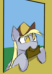 Size: 1079x1533 | Tagged: safe, artist:hovel, imported from derpibooru, derpy hooves, pegasus, pony, bust, cute, derpabetes, hat, letter, mouth hold, no pupils, sketch, solo