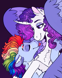 Size: 1500x1875 | Tagged: safe, artist:eeelt, imported from derpibooru, rainbow dash, rarity, curved horn, ear piercing, female, horn, lesbian, nuzzling, piercing, purple background, raridash, shipping, simple background, tongue out, wings