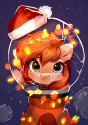 Size: 2480x3508 | Tagged: safe, artist:sofiko-ko, imported from derpibooru, oc, oc only, oc:rusty gears, earth pony, pony, asteroid, bust, christmas, earth pony oc, female, hat, helmet, heterochromia, high res, holiday, looking at you, mare, portrait, santa hat, smiling, smiling at you, solo, space, spacesuit, stars, string lights